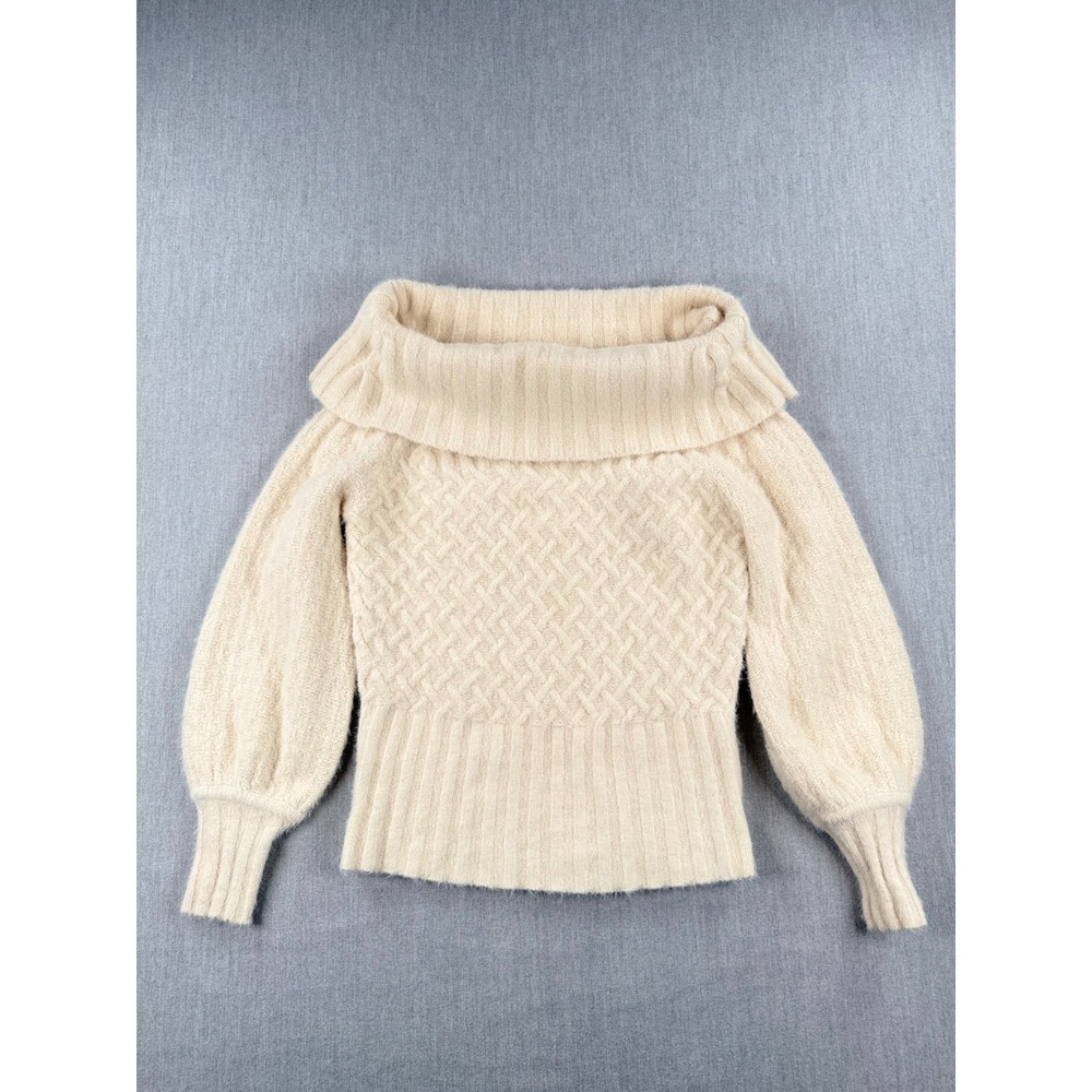 Anthropologie Cream Off Shoulder Cable Knit Balloon Sleeve Sweater Medium